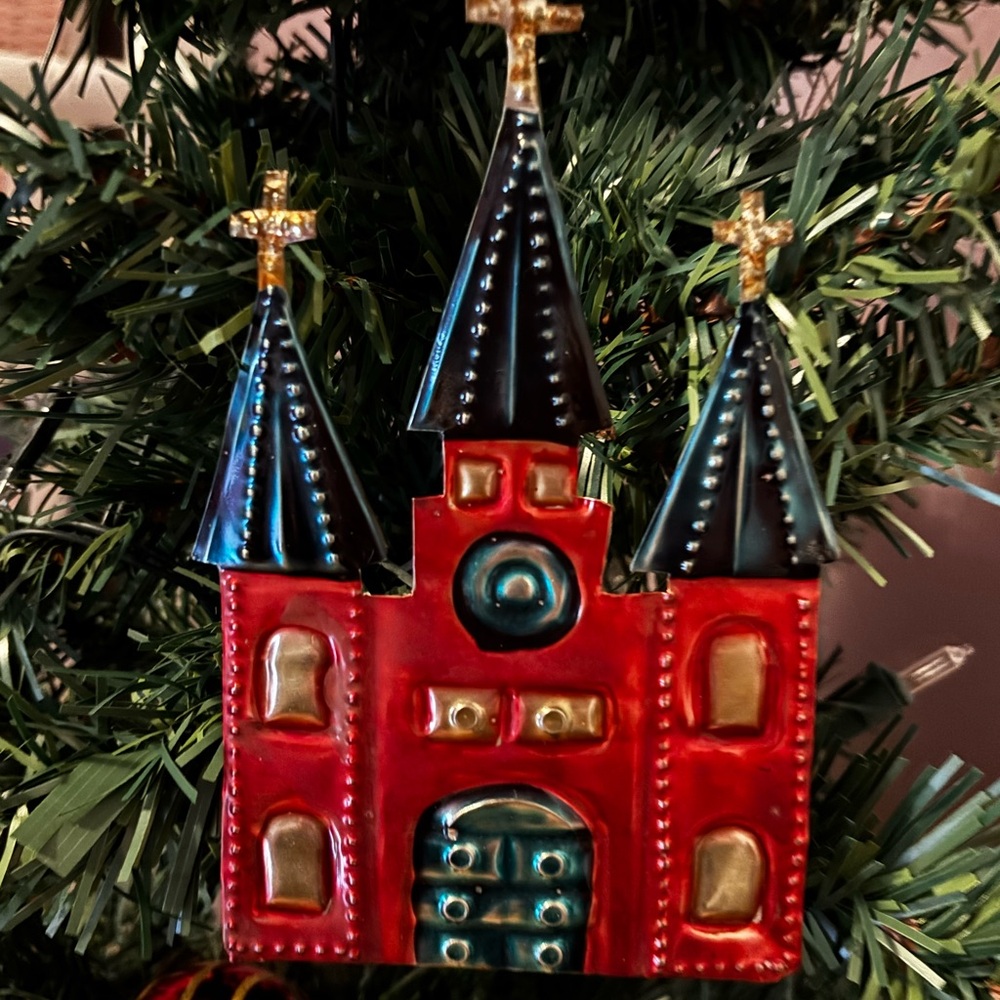Tin Red, Blue & Gold Castle /Church Christmas Tree Ornament..